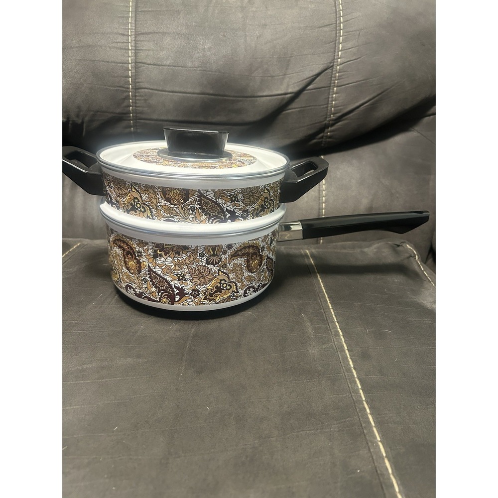 Vtg 70s Fancipans Enamelware Double Boiler Pot Set Brown Paisley Chateau MCM 3pc